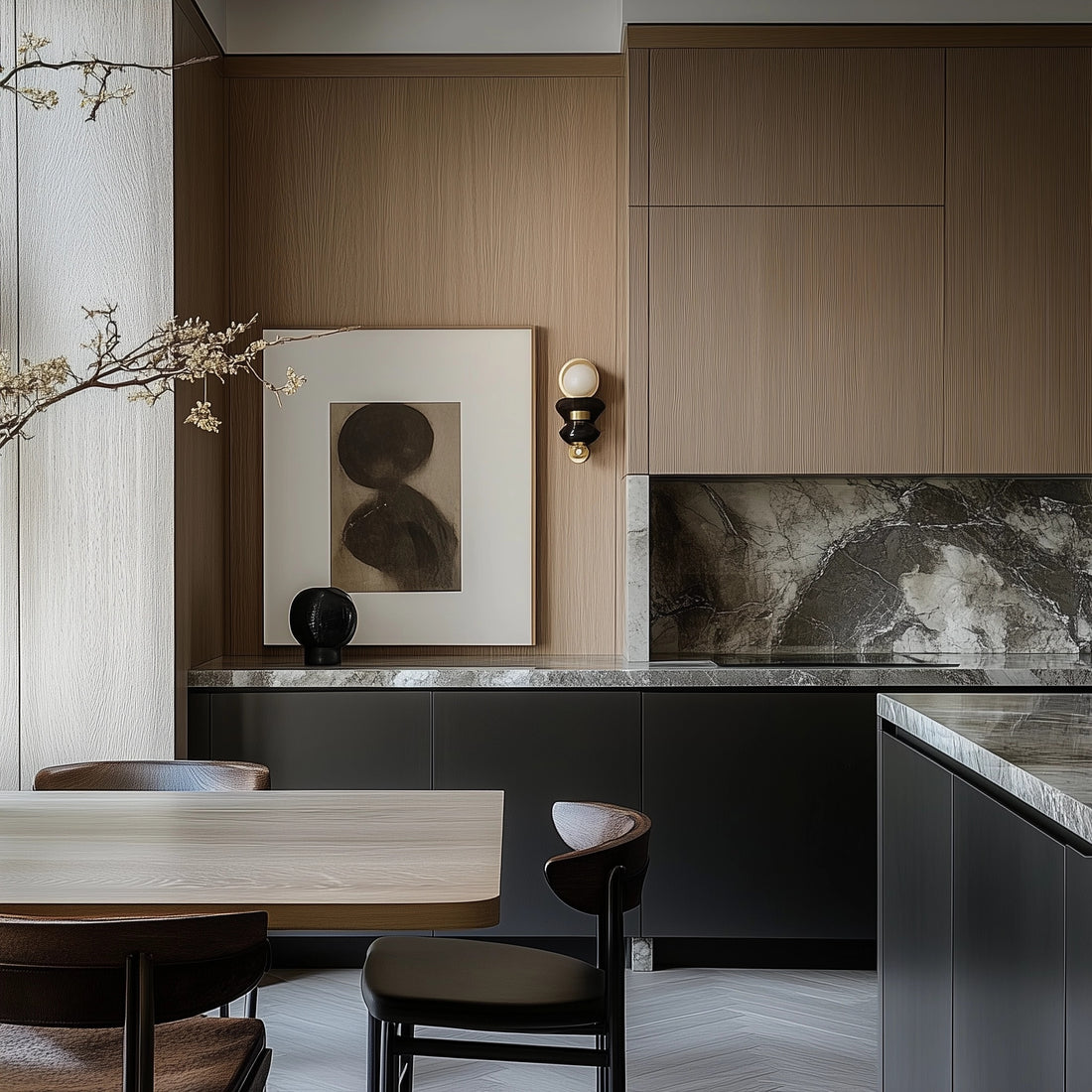 Modern kitchen with a minimalist design featuring wood-paneled walls, marble countertops and backsplash, black cabinetry, a sleek dining table with matching chairs, and abstract wall art illuminated by a stylish wall sconce.